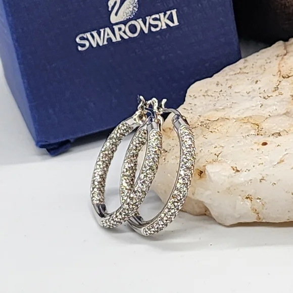 Swarovski Jewelry Matrix Earrings White Topaz Sterling 925 Silver Hoops